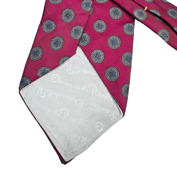 VTG OSCAR DE LA RENTA Couture MAROON BLUE Oval Print  Men's NECK TIE - Picture 3 of 14